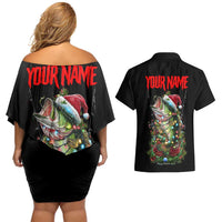 Custom Christmas Bass Fishing Couples Matching Off Shoulder Short Dress and Hawaiian Shirt Santa Hat and Holiday Lights on Black Background - Wonder Print Shop
