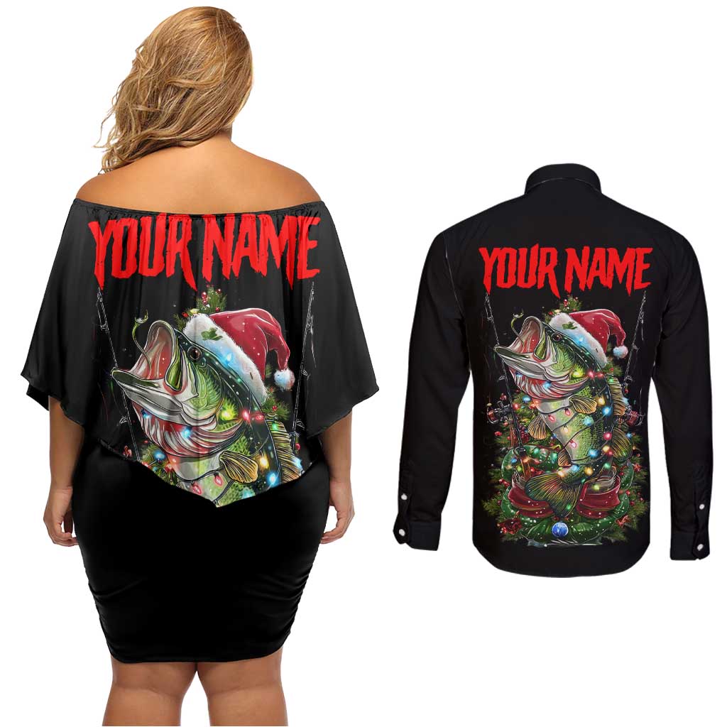 Custom Christmas Bass Fishing Couples Matching Off Shoulder Short Dress and Long Sleeve Button Shirt Santa Hat and Holiday Lights on Black Background - Wonder Print Shop