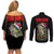 Custom Christmas Bass Fishing Couples Matching Off Shoulder Short Dress and Long Sleeve Button Shirt Santa Hat and Holiday Lights on Black Background - Wonder Print Shop