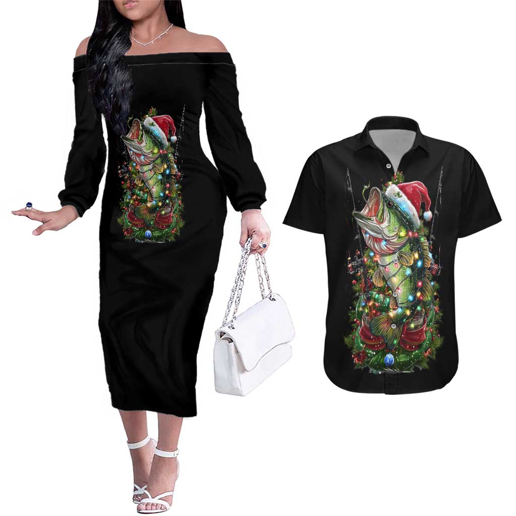 Custom Christmas Bass Fishing Couples Matching Off The Shoulder Long Sleeve Dress and Hawaiian Shirt Santa Hat and Holiday Lights on Black Background - Wonder Print Shop