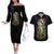Custom Christmas Bass Fishing Couples Matching Off The Shoulder Long Sleeve Dress and Hawaiian Shirt Santa Hat and Holiday Lights on Black Background - Wonder Print Shop
