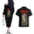 Custom Christmas Bass Fishing Couples Matching Off The Shoulder Long Sleeve Dress and Hawaiian Shirt Santa Hat and Holiday Lights on Black Background - Wonder Print Shop