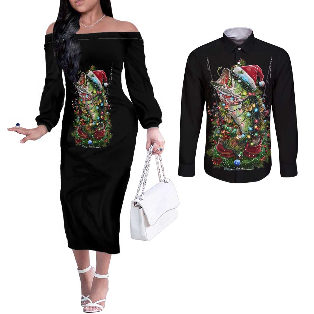 Custom Christmas Bass Fishing Couples Matching Off The Shoulder Long Sleeve Dress and Long Sleeve Button Shirt Santa Hat and Holiday Lights on Black Background - Wonder Print Shop