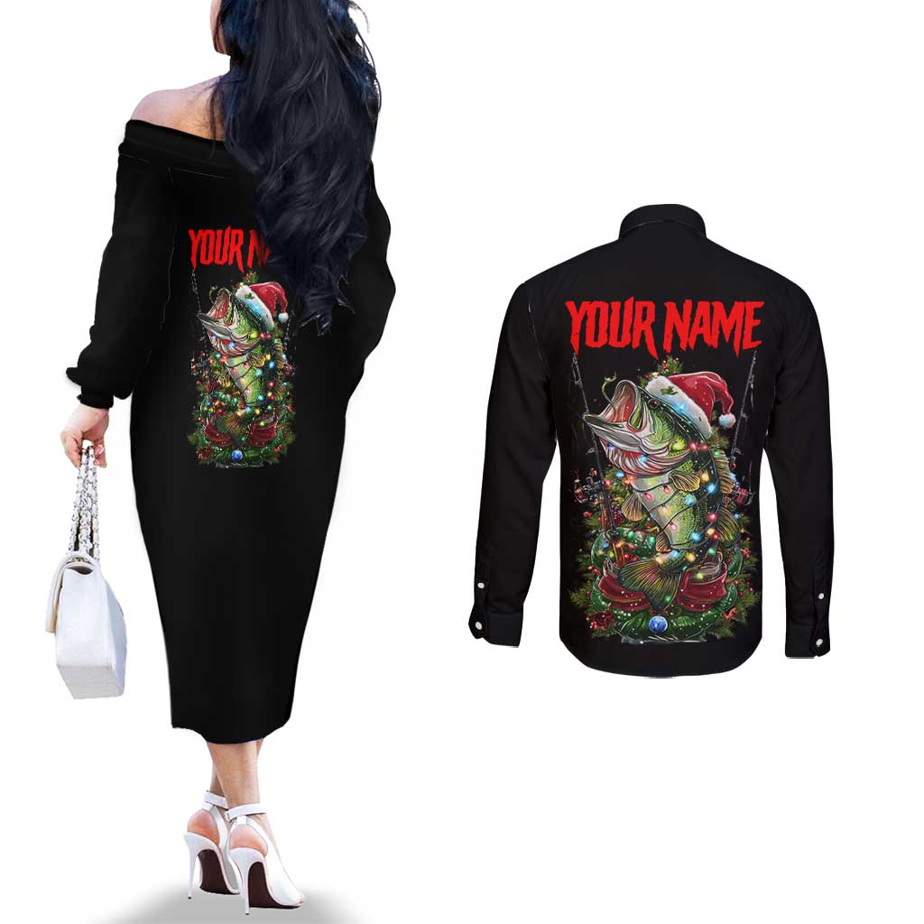Custom Christmas Bass Fishing Couples Matching Off The Shoulder Long Sleeve Dress and Long Sleeve Button Shirt Santa Hat and Holiday Lights on Black Background - Wonder Print Shop