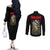 Custom Christmas Bass Fishing Couples Matching Off The Shoulder Long Sleeve Dress and Long Sleeve Button Shirt Santa Hat and Holiday Lights on Black Background - Wonder Print Shop