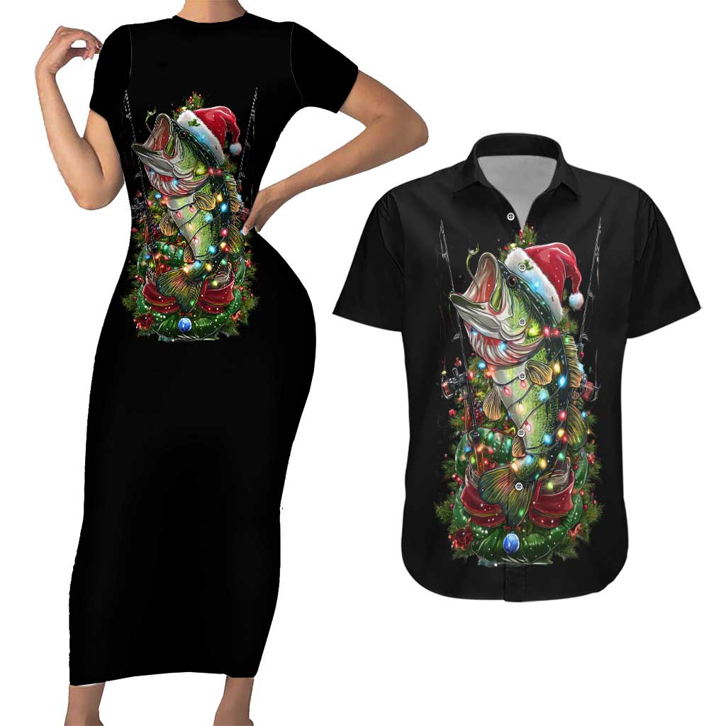 Custom Christmas Bass Fishing Couples Matching Short Sleeve Bodycon Dress and Hawaiian Shirt Santa Hat and Holiday Lights on Black Background - Wonder Print Shop