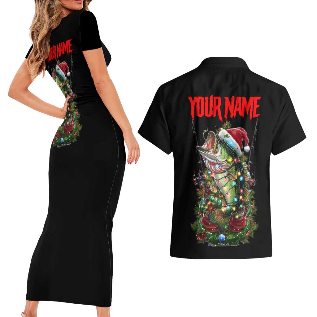 Custom Christmas Bass Fishing Couples Matching Short Sleeve Bodycon Dress and Hawaiian Shirt Santa Hat and Holiday Lights on Black Background - Wonder Print Shop