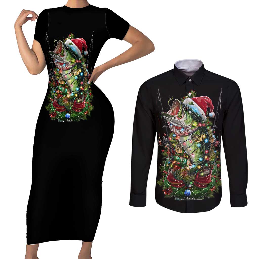 Custom Christmas Bass Fishing Couples Matching Short Sleeve Bodycon Dress and Long Sleeve Button Shirt Santa Hat and Holiday Lights on Black Background - Wonder Print Shop