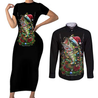 Custom Christmas Bass Fishing Couples Matching Short Sleeve Bodycon Dress and Long Sleeve Button Shirt Santa Hat and Holiday Lights on Black Background - Wonder Print Shop