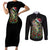 Custom Christmas Bass Fishing Couples Matching Short Sleeve Bodycon Dress and Long Sleeve Button Shirt Santa Hat and Holiday Lights on Black Background - Wonder Print Shop