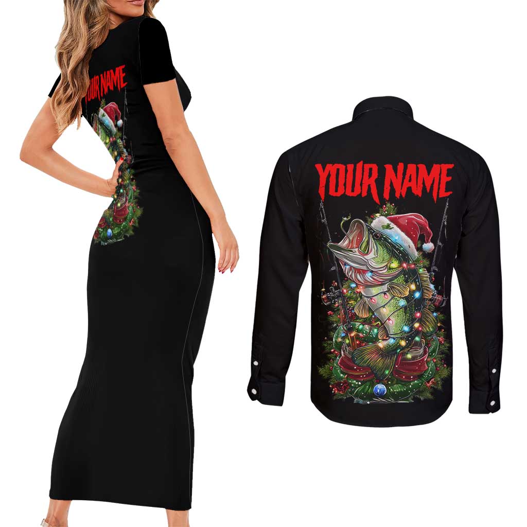 Custom Christmas Bass Fishing Couples Matching Short Sleeve Bodycon Dress and Long Sleeve Button Shirt Santa Hat and Holiday Lights on Black Background - Wonder Print Shop