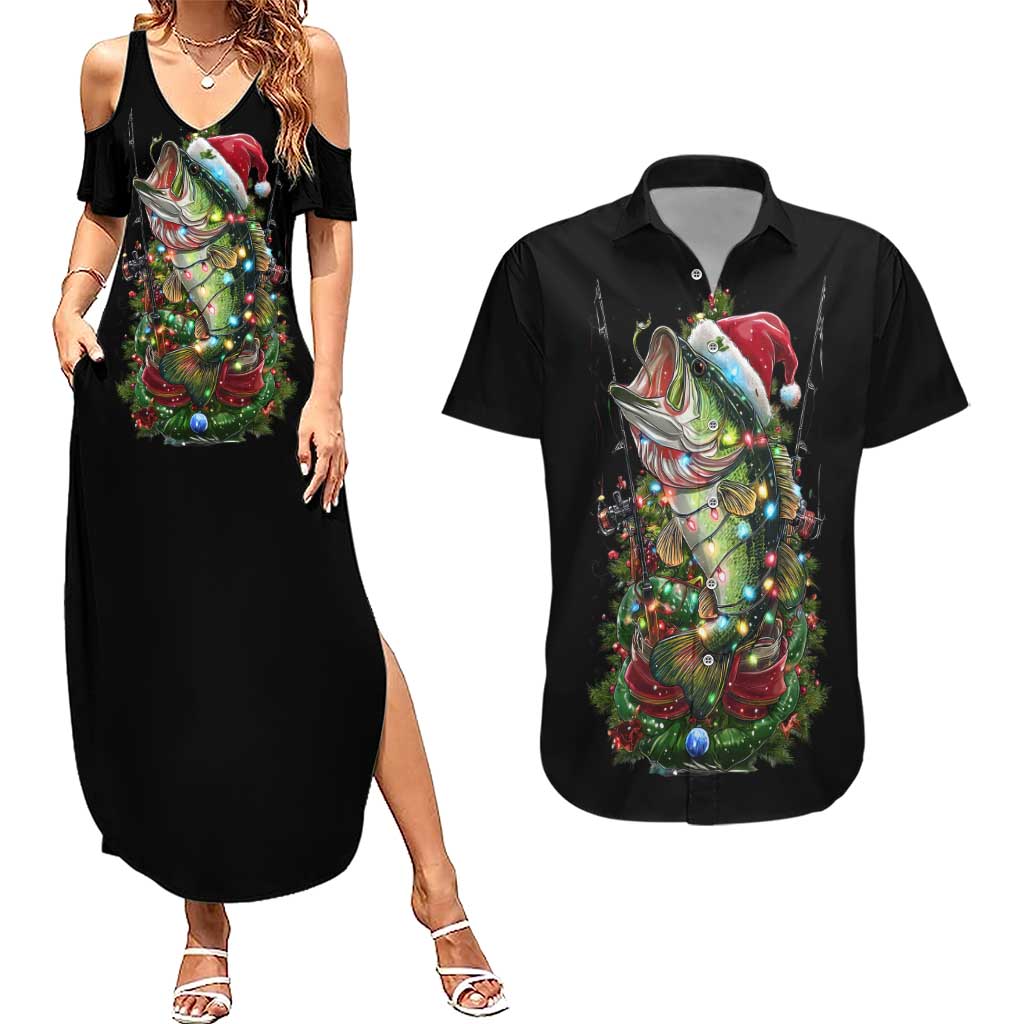 Custom Christmas Bass Fishing Couples Matching Summer Maxi Dress and Hawaiian Shirt Santa Hat and Holiday Lights on Black Background - Wonder Print Shop