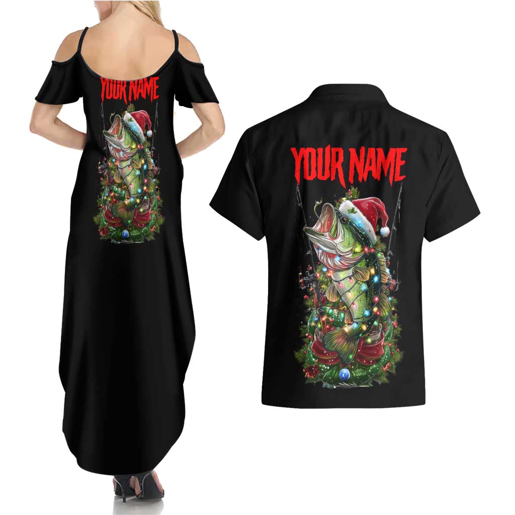 Custom Christmas Bass Fishing Couples Matching Summer Maxi Dress and Hawaiian Shirt Santa Hat and Holiday Lights on Black Background - Wonder Print Shop