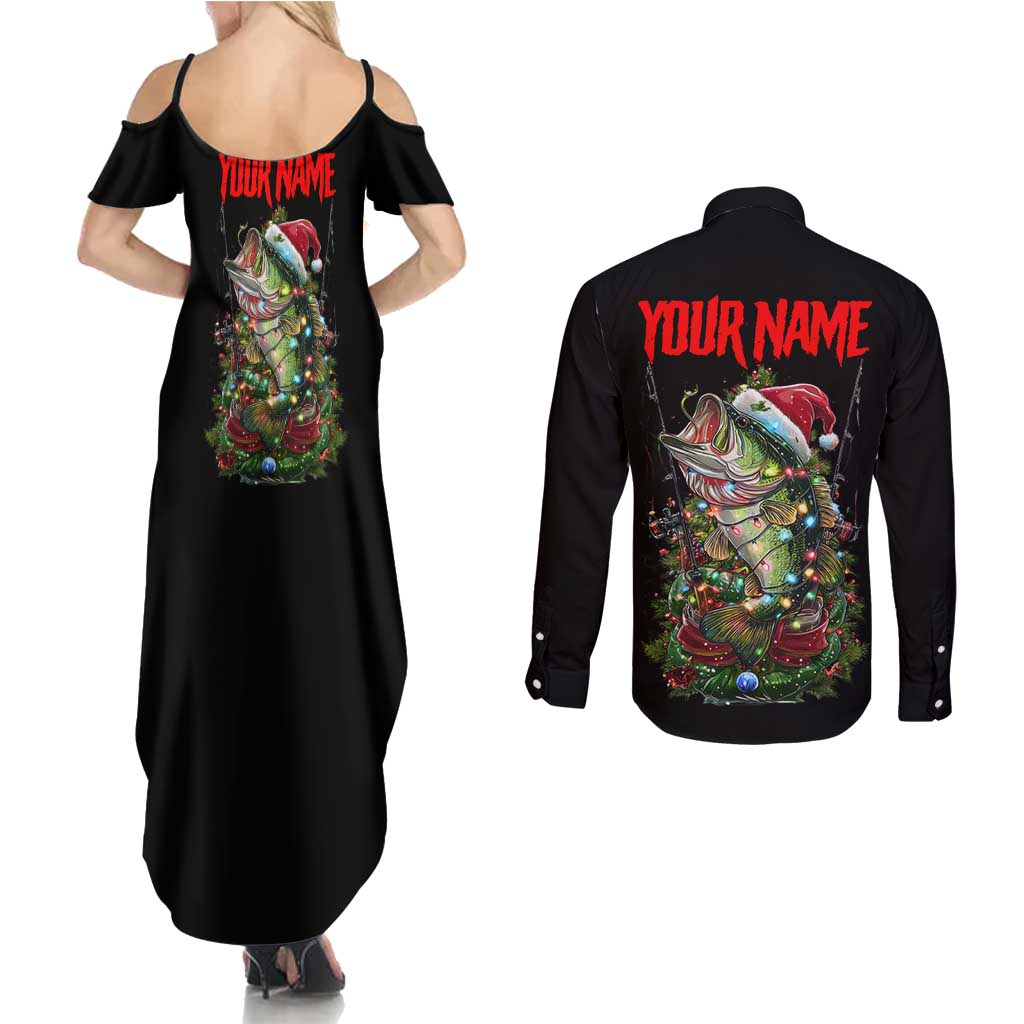 Custom Christmas Bass Fishing Couples Matching Summer Maxi Dress and Long Sleeve Button Shirt Santa Hat and Holiday Lights on Black Background - Wonder Print Shop