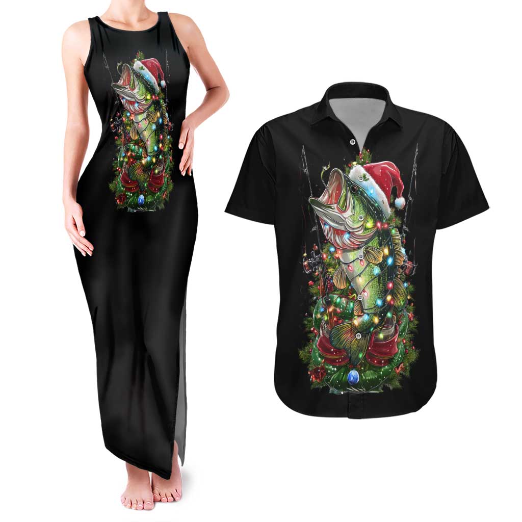 Custom Christmas Bass Fishing Couples Matching Tank Maxi Dress and Hawaiian Shirt Santa Hat and Holiday Lights on Black Background - Wonder Print Shop