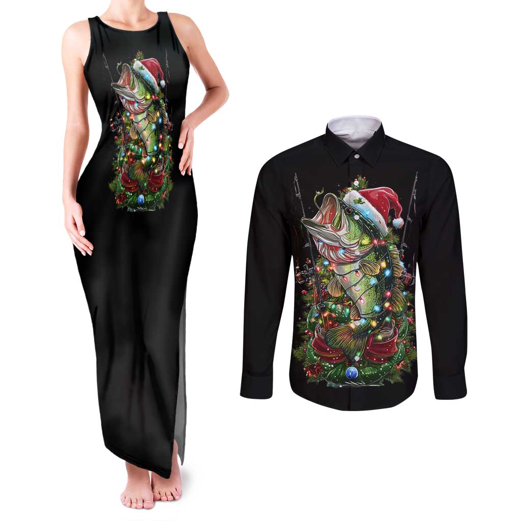 Custom Christmas Bass Fishing Couples Matching Tank Maxi Dress and Long Sleeve Button Shirt Santa Hat and Holiday Lights on Black Background - Wonder Print Shop