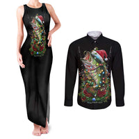 Custom Christmas Bass Fishing Couples Matching Tank Maxi Dress and Long Sleeve Button Shirt Santa Hat and Holiday Lights on Black Background - Wonder Print Shop