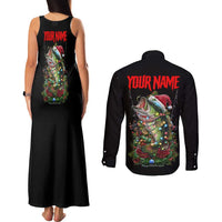 Custom Christmas Bass Fishing Couples Matching Tank Maxi Dress and Long Sleeve Button Shirt Santa Hat and Holiday Lights on Black Background - Wonder Print Shop
