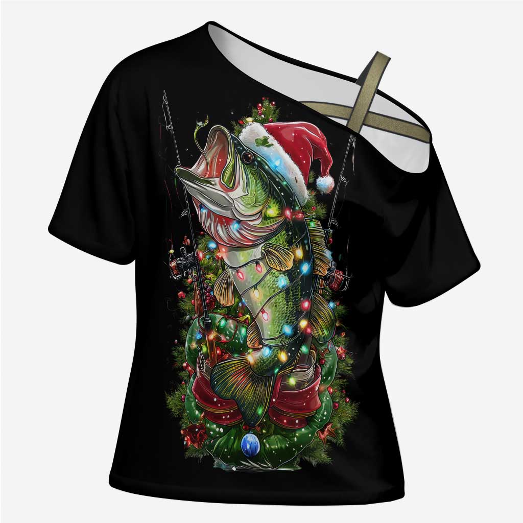 Custom Christmas Bass Fishing Cross Shoulder Shirt Santa Hat and Holiday Lights on Black Background - Wonder Print Shop