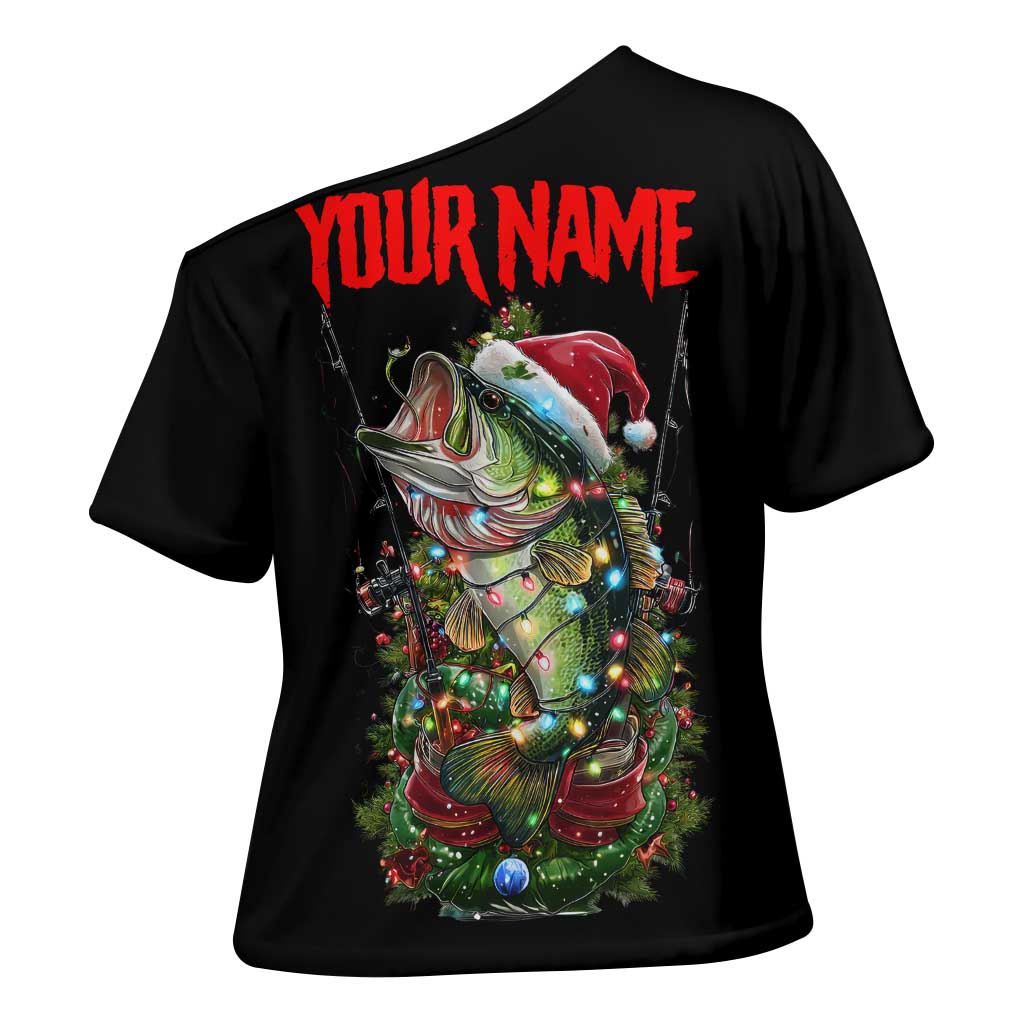 Custom Christmas Bass Fishing Cross Shoulder Shirt Santa Hat and Holiday Lights on Black Background - Wonder Print Shop