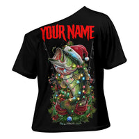Custom Christmas Bass Fishing Cross Shoulder Shirt Santa Hat and Holiday Lights on Black Background - Wonder Print Shop