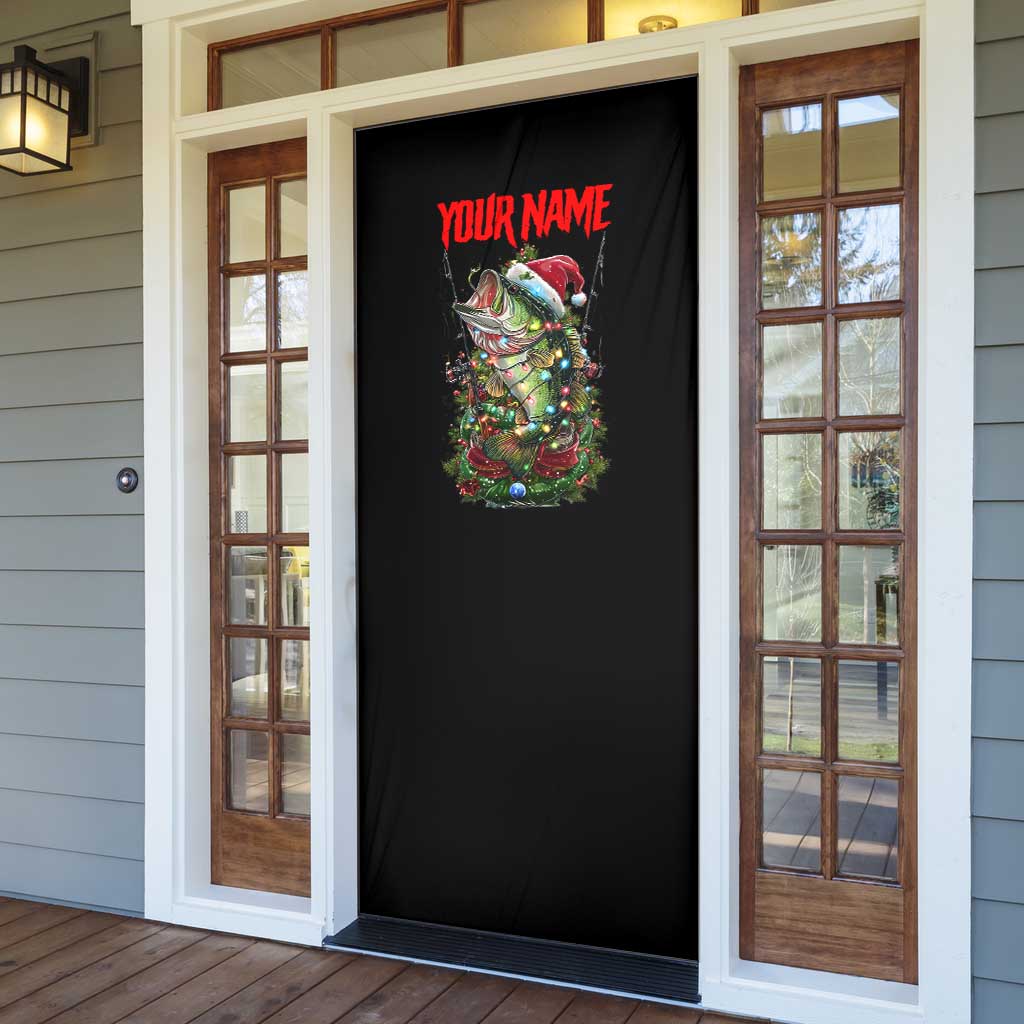 Custom Christmas Bass Fishing Door Cover Santa Hat and Holiday Lights on Black Background - Wonder Print Shop