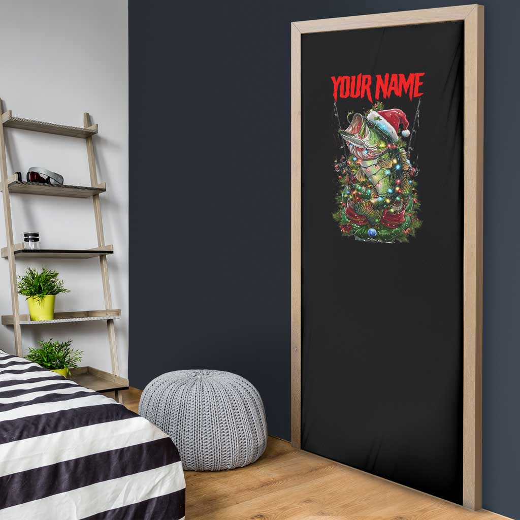 Custom Christmas Bass Fishing Door Cover Santa Hat and Holiday Lights on Black Background - Wonder Print Shop