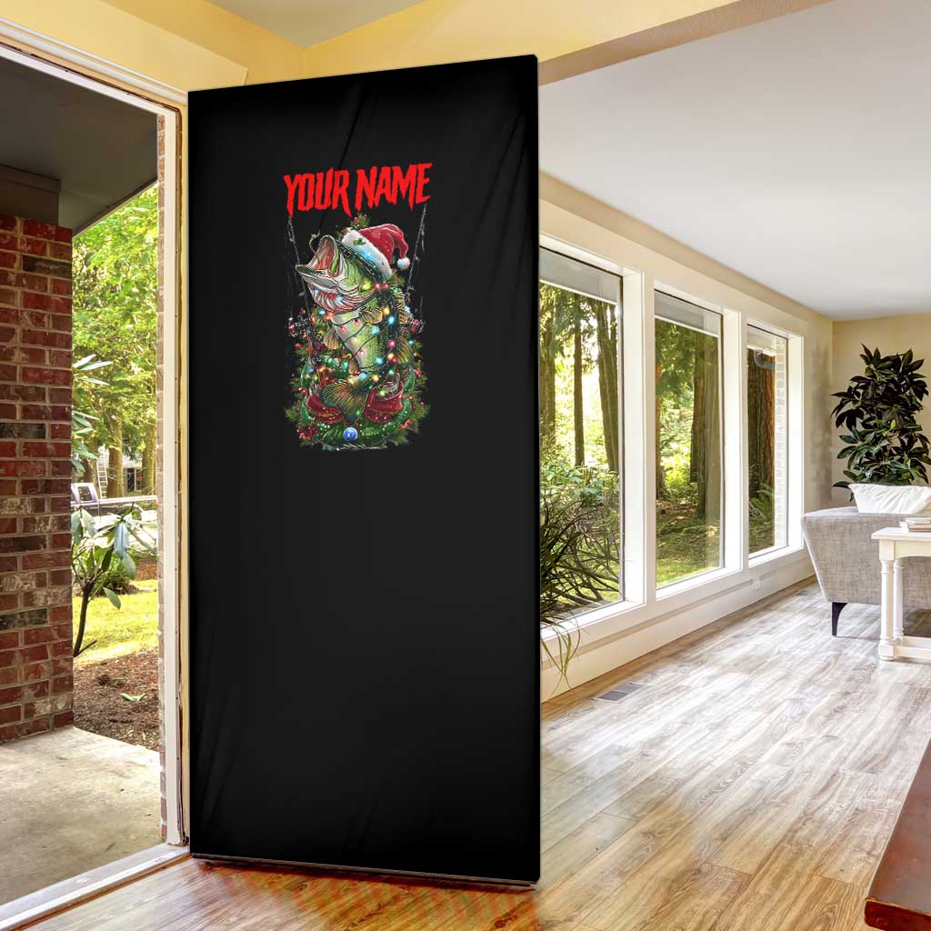 Custom Christmas Bass Fishing Door Cover Santa Hat and Holiday Lights on Black Background - Wonder Print Shop