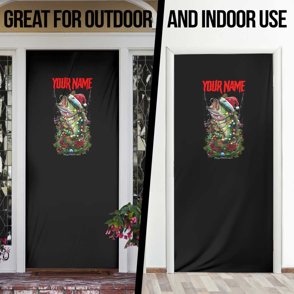 Custom Christmas Bass Fishing Door Cover Santa Hat and Holiday Lights on Black Background - Wonder Print Shop