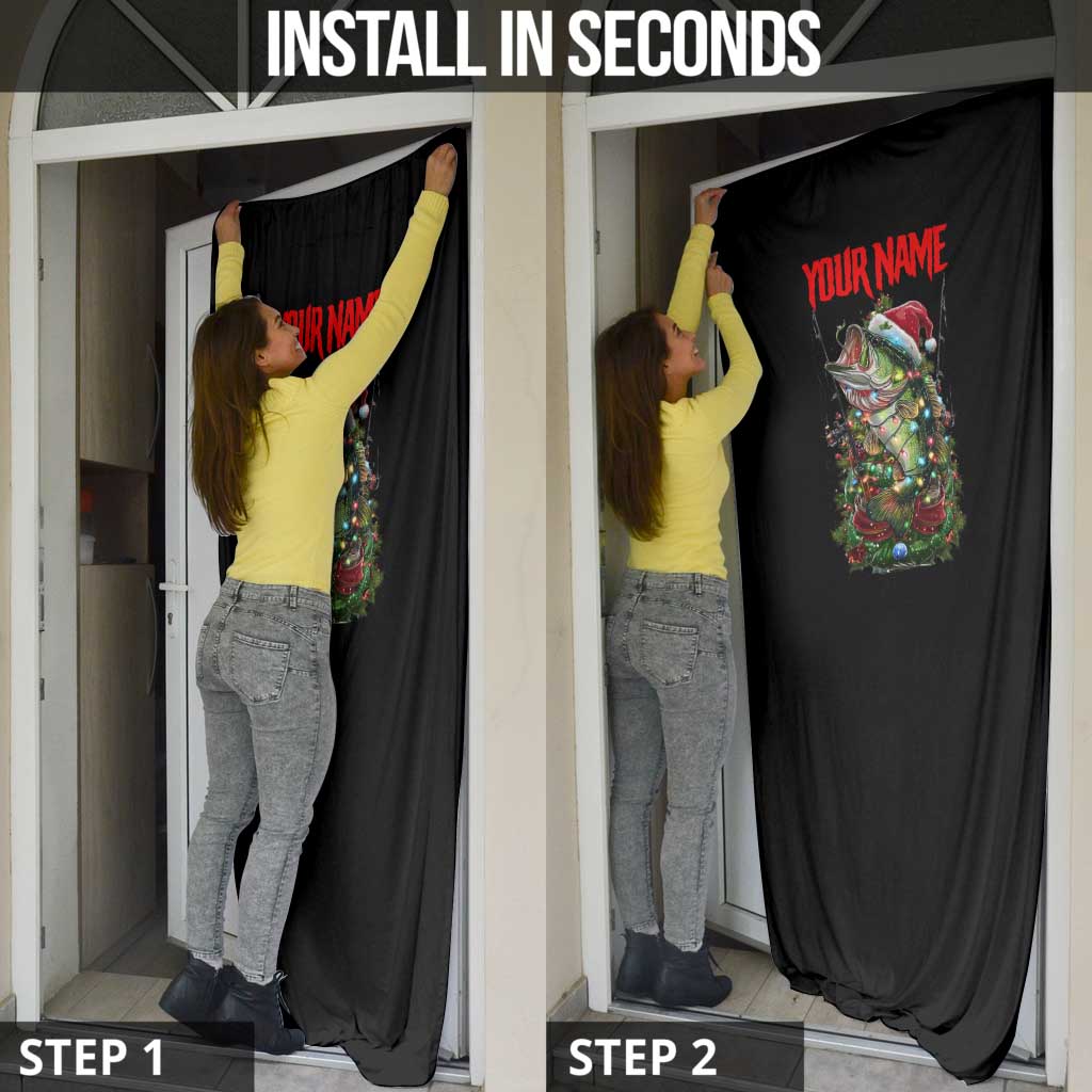 Custom Christmas Bass Fishing Door Cover Santa Hat and Holiday Lights on Black Background - Wonder Print Shop