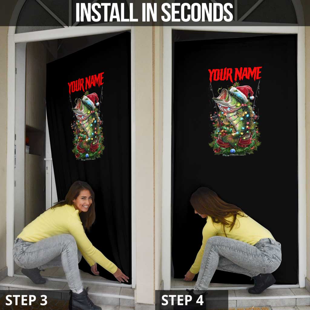 Custom Christmas Bass Fishing Door Cover Santa Hat and Holiday Lights on Black Background - Wonder Print Shop