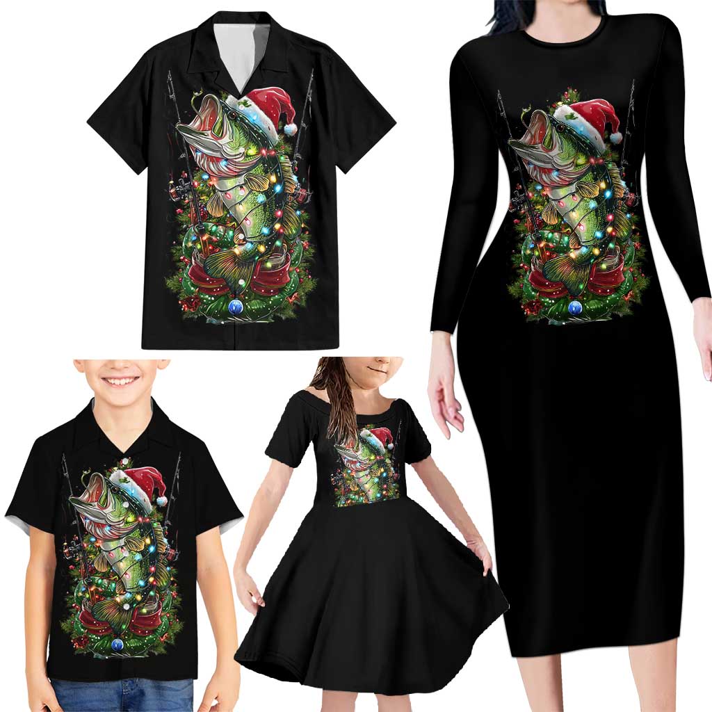 Custom Christmas Bass Fishing Family Matching Long Sleeve Bodycon Dress and Hawaiian Shirt Santa Hat and Holiday Lights on Black Background - Wonder Print Shop