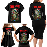 Custom Christmas Bass Fishing Family Matching Long Sleeve Bodycon Dress and Hawaiian Shirt Santa Hat and Holiday Lights on Black Background - Wonder Print Shop