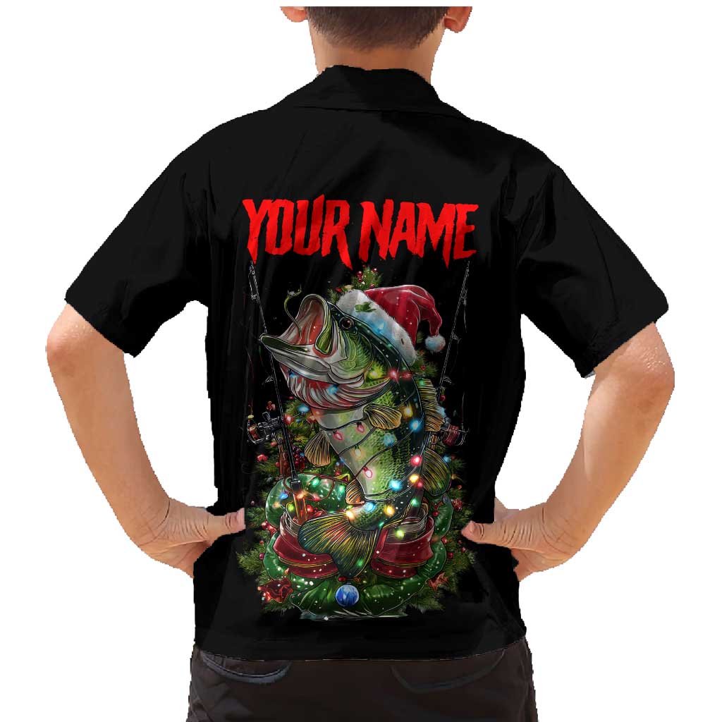 Custom Christmas Bass Fishing Family Matching Mermaid Dress and Hawaiian Shirt Santa Hat and Holiday Lights on Black Background - Wonder Print Shop