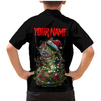 Custom Christmas Bass Fishing Family Matching Mermaid Dress and Hawaiian Shirt Santa Hat and Holiday Lights on Black Background - Wonder Print Shop