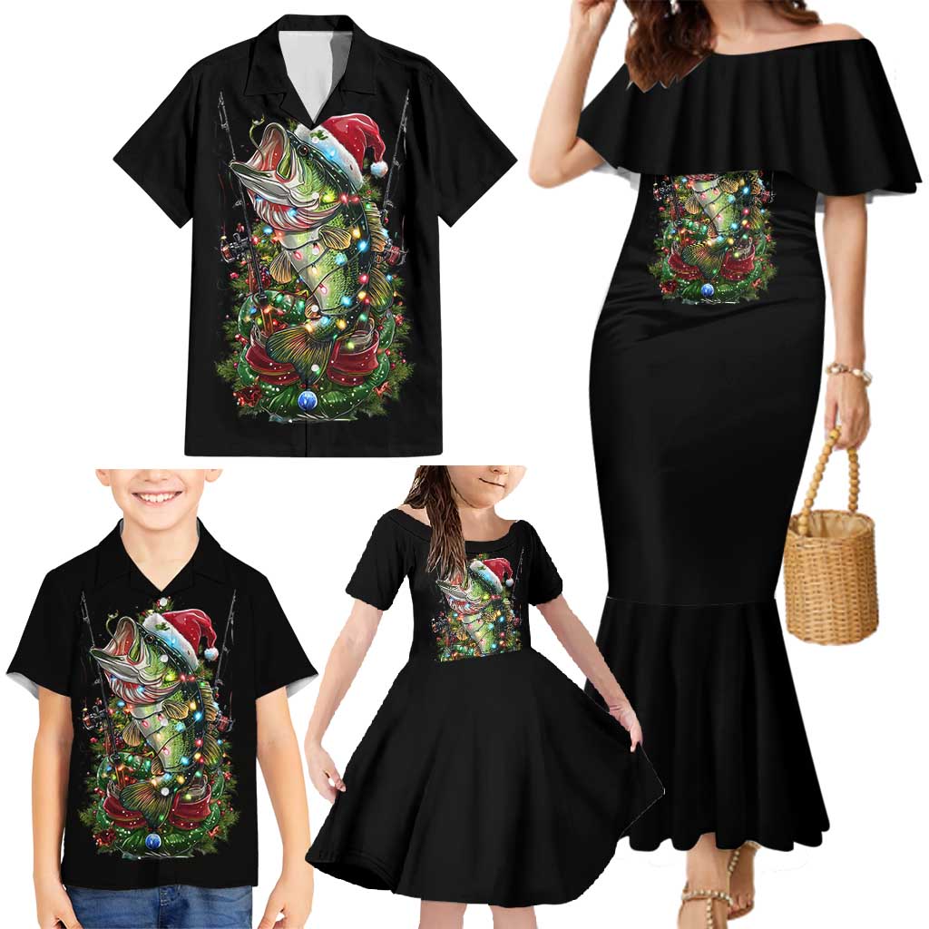 Custom Christmas Bass Fishing Family Matching Mermaid Dress and Hawaiian Shirt Santa Hat and Holiday Lights on Black Background - Wonder Print Shop