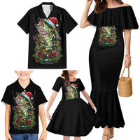 Custom Christmas Bass Fishing Family Matching Mermaid Dress and Hawaiian Shirt Santa Hat and Holiday Lights on Black Background - Wonder Print Shop