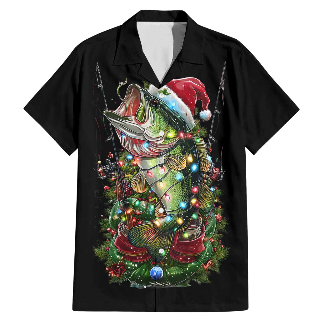 Custom Christmas Bass Fishing Family Matching Mermaid Dress and Hawaiian Shirt Santa Hat and Holiday Lights on Black Background - Wonder Print Shop