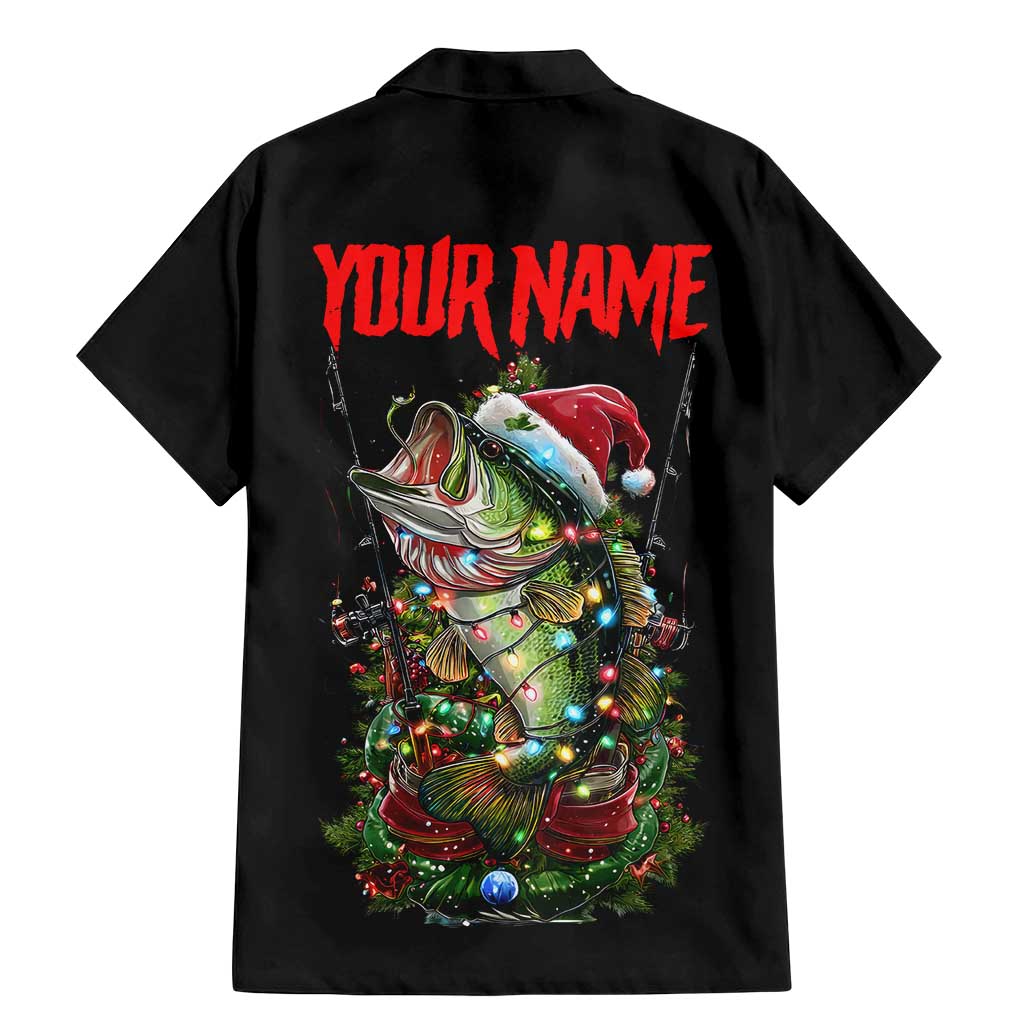 Custom Christmas Bass Fishing Family Matching Mermaid Dress and Hawaiian Shirt Santa Hat and Holiday Lights on Black Background - Wonder Print Shop