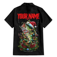 Custom Christmas Bass Fishing Family Matching Mermaid Dress and Hawaiian Shirt Santa Hat and Holiday Lights on Black Background - Wonder Print Shop