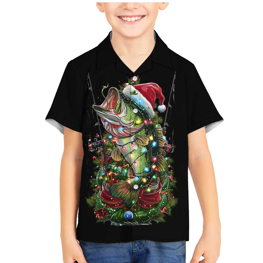 Custom Christmas Bass Fishing Family Matching Mermaid Dress and Hawaiian Shirt Santa Hat and Holiday Lights on Black Background - Wonder Print Shop