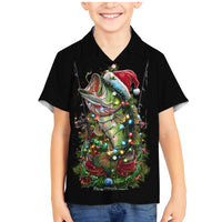Custom Christmas Bass Fishing Family Matching Mermaid Dress and Hawaiian Shirt Santa Hat and Holiday Lights on Black Background - Wonder Print Shop