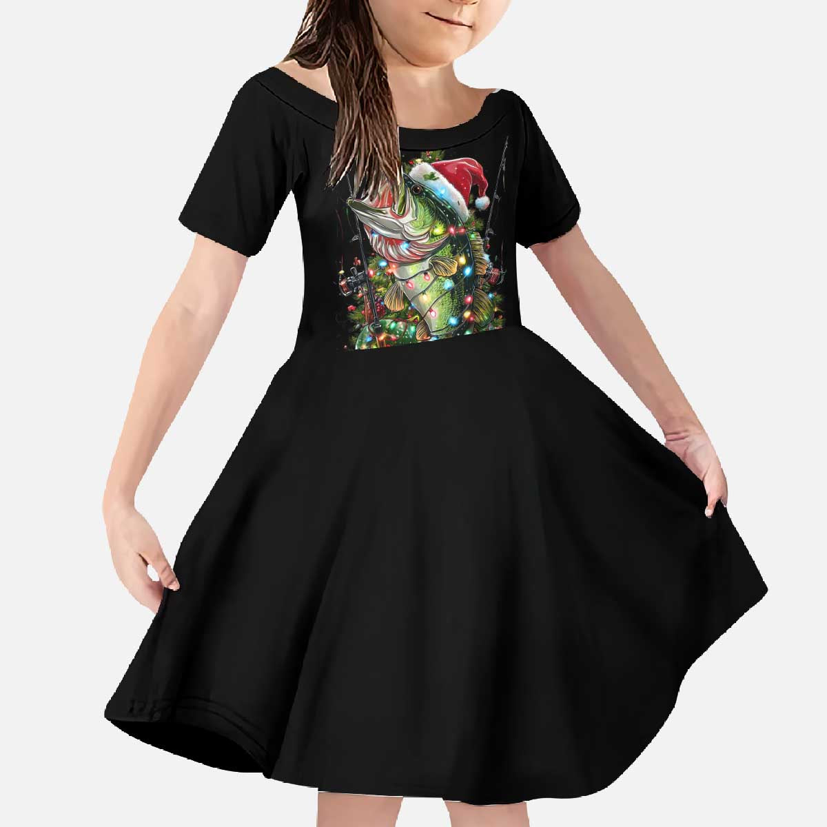 Custom Christmas Bass Fishing Family Matching Off The Shoulder Long Sleeve Dress and Hawaiian Shirt Santa Hat and Holiday Lights on Black Background - Wonder Print Shop