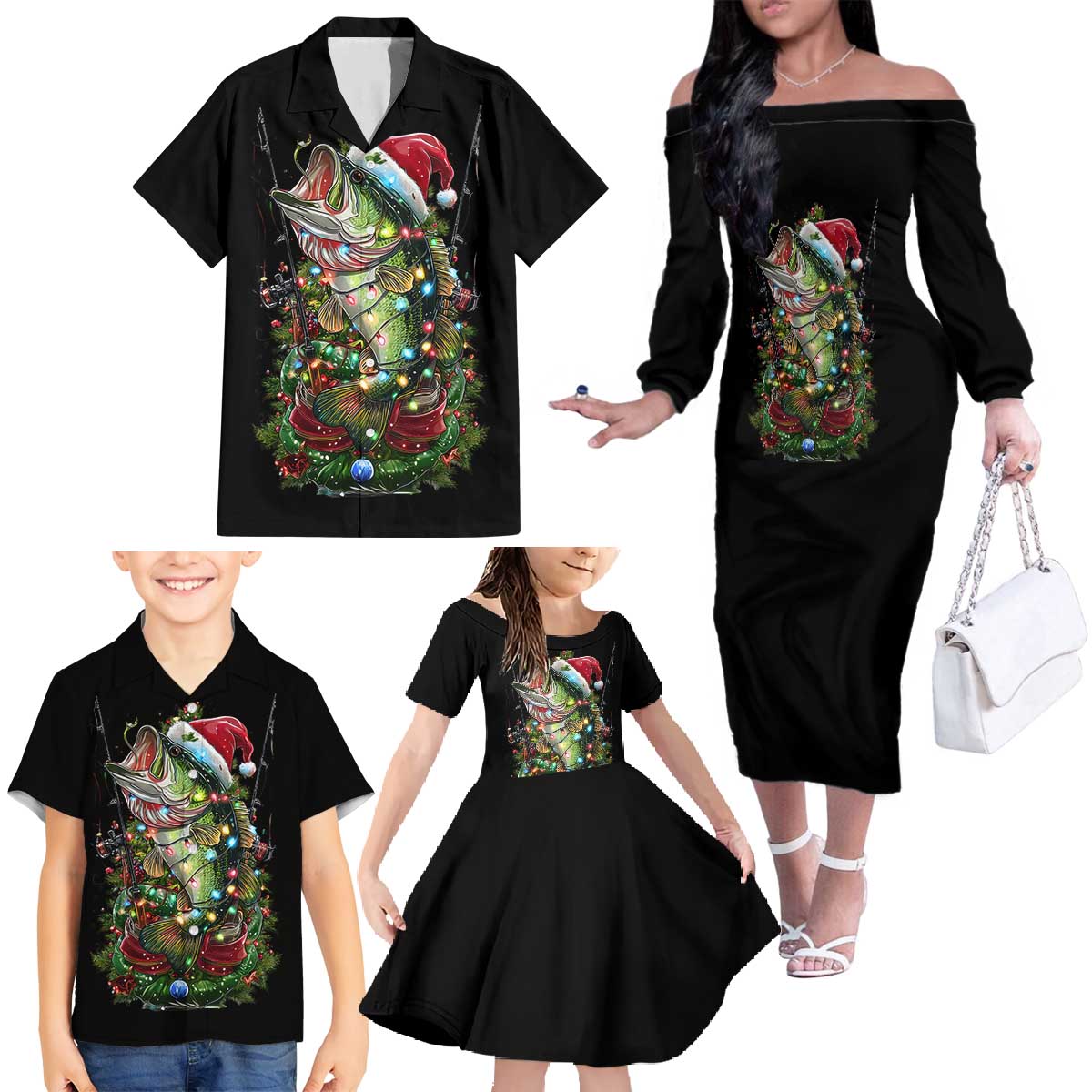 Custom Christmas Bass Fishing Family Matching Off The Shoulder Long Sleeve Dress and Hawaiian Shirt Santa Hat and Holiday Lights on Black Background - Wonder Print Shop