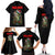 Custom Christmas Bass Fishing Family Matching Off The Shoulder Long Sleeve Dress and Hawaiian Shirt Santa Hat and Holiday Lights on Black Background - Wonder Print Shop