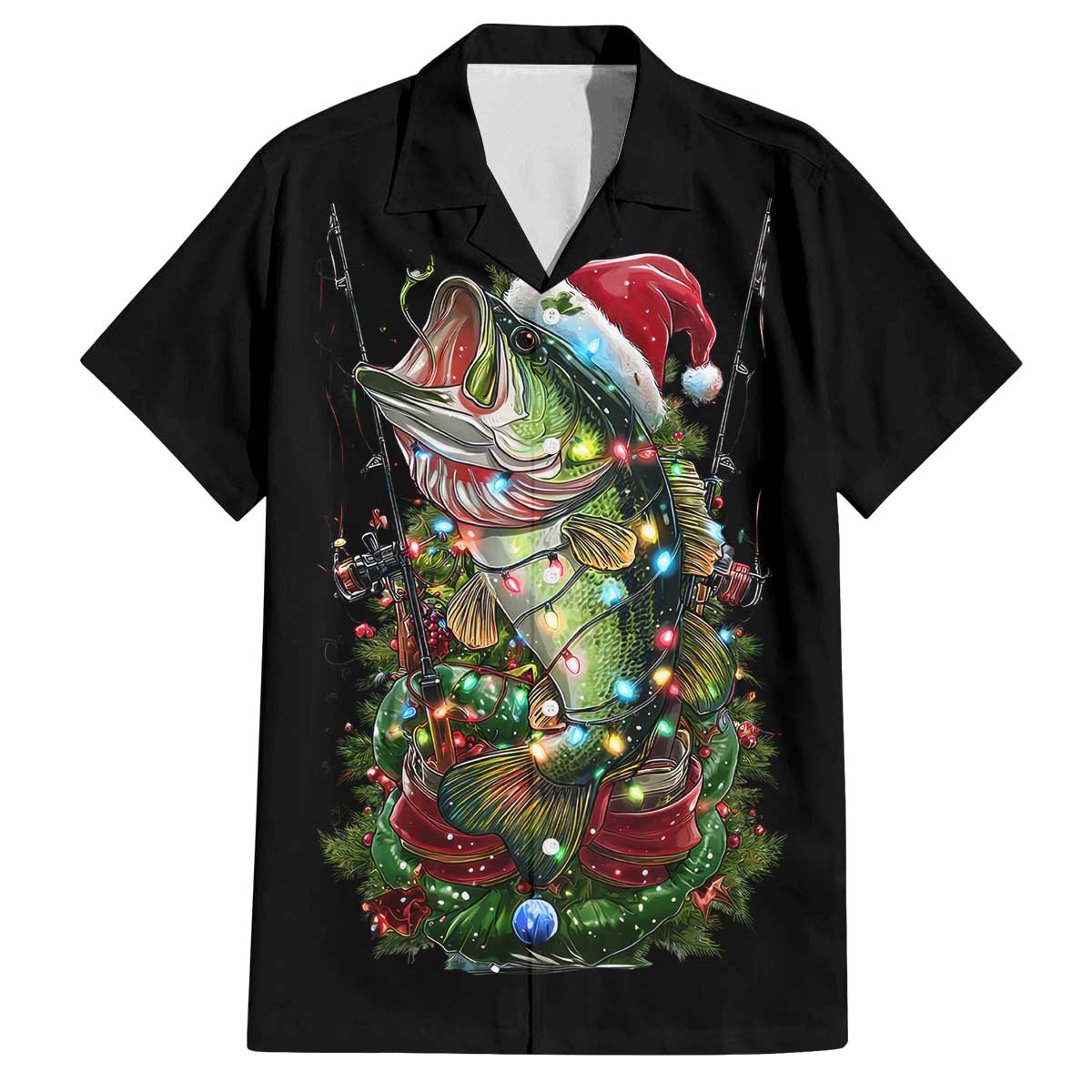 Custom Christmas Bass Fishing Family Matching Off The Shoulder Long Sleeve Dress and Hawaiian Shirt Santa Hat and Holiday Lights on Black Background - Wonder Print Shop