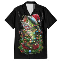 Custom Christmas Bass Fishing Family Matching Off The Shoulder Long Sleeve Dress and Hawaiian Shirt Santa Hat and Holiday Lights on Black Background - Wonder Print Shop