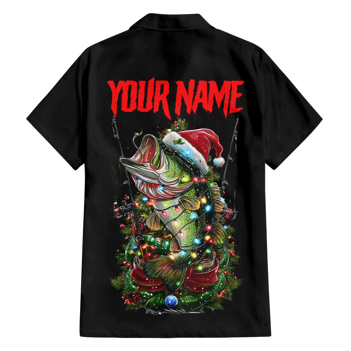 Custom Christmas Bass Fishing Family Matching Off The Shoulder Long Sleeve Dress and Hawaiian Shirt Santa Hat and Holiday Lights on Black Background - Wonder Print Shop