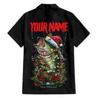 Custom Christmas Bass Fishing Family Matching Off The Shoulder Long Sleeve Dress and Hawaiian Shirt Santa Hat and Holiday Lights on Black Background - Wonder Print Shop