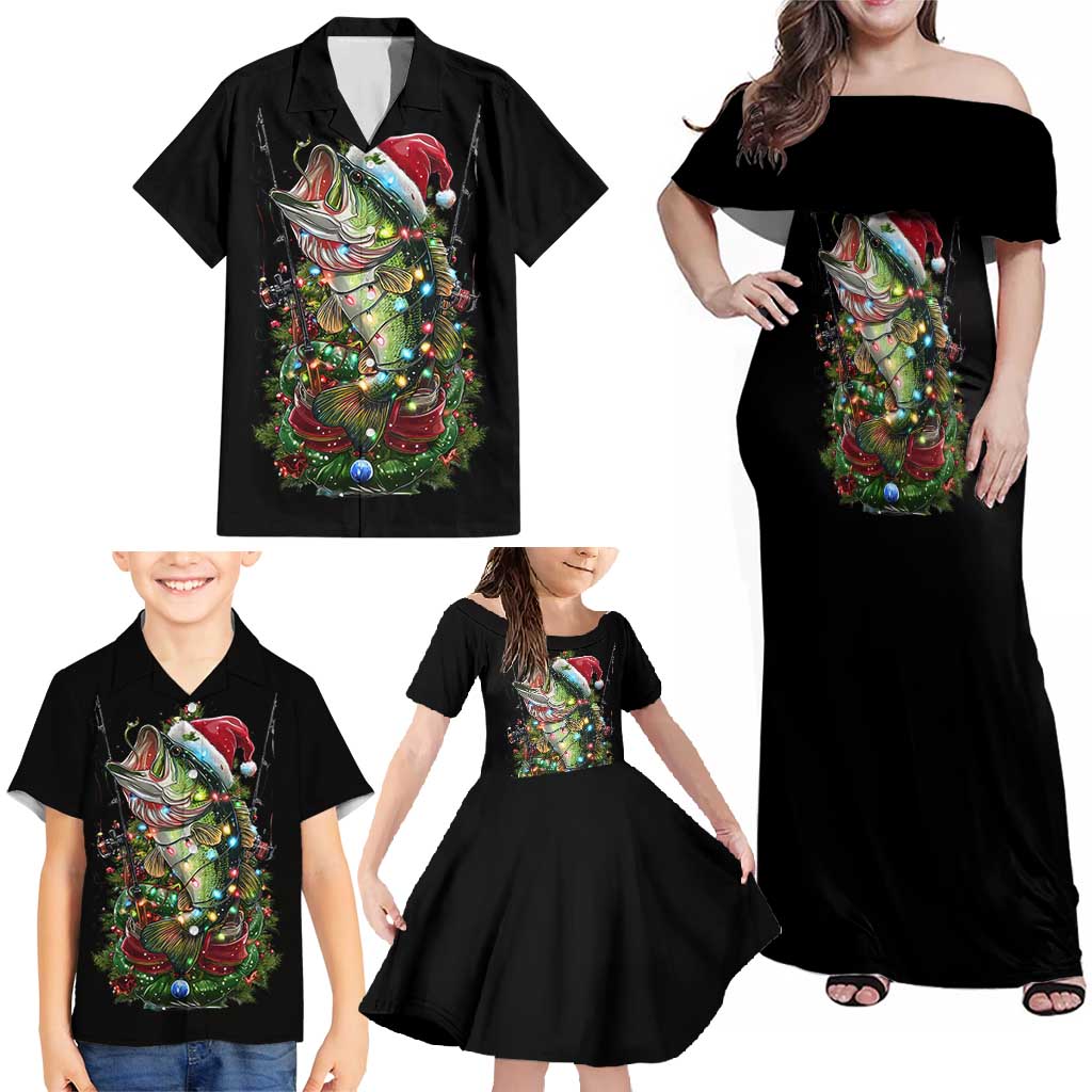 Custom Christmas Bass Fishing Family Matching Off Shoulder Maxi Dress and Hawaiian Shirt Santa Hat and Holiday Lights on Black Background - Wonder Print Shop